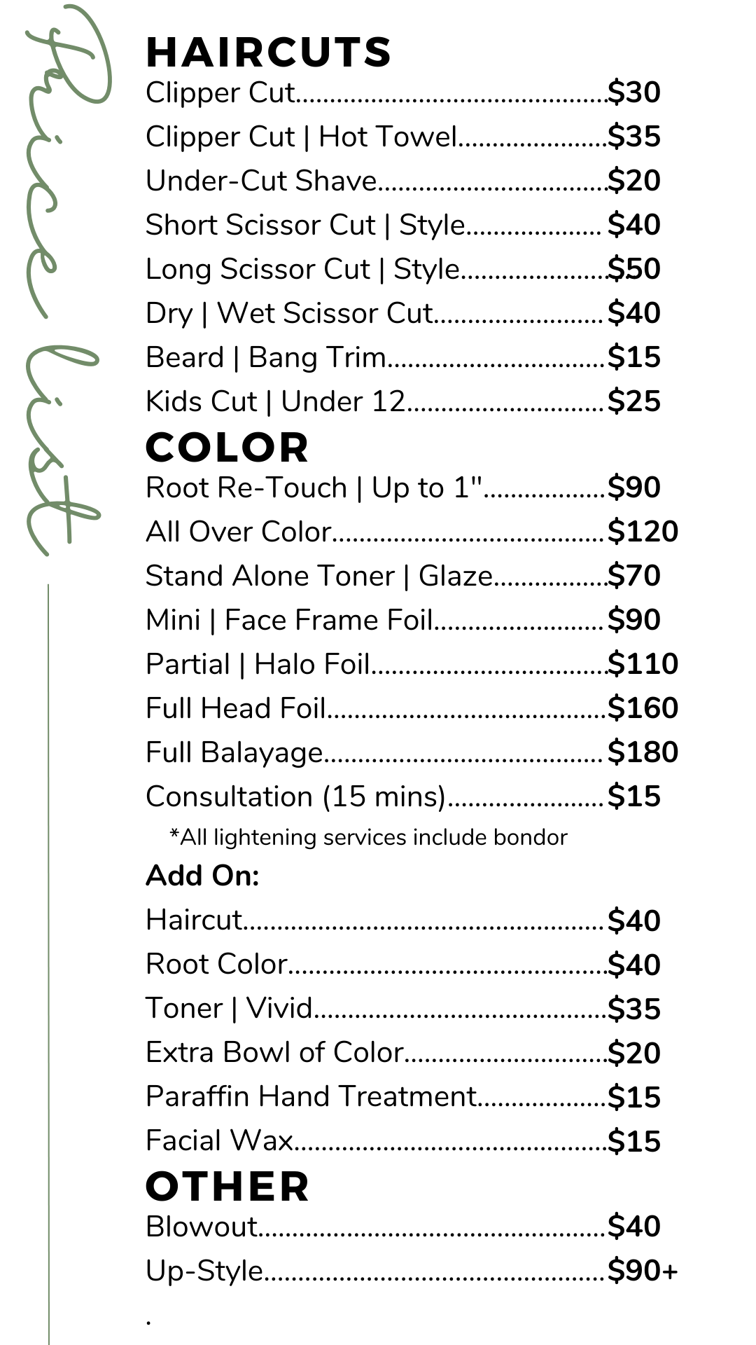 Cut/Color Price List